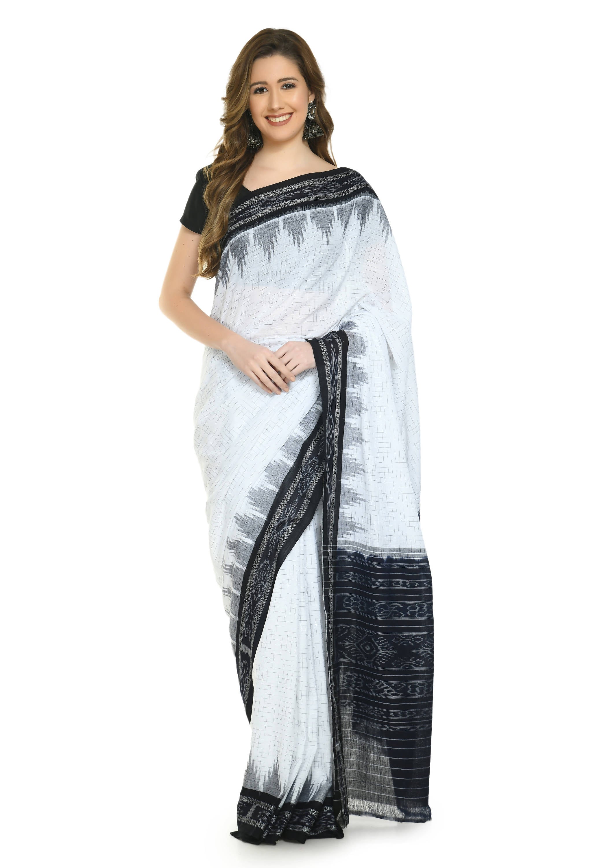 Vamika Sambalpuri Ikat Cotton Jharana White & Black Saree