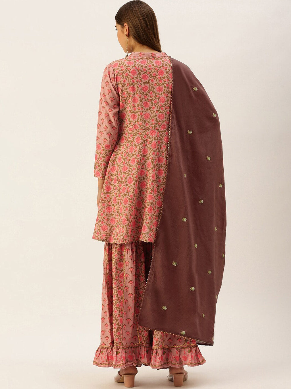 HERE&NOW Women Pink & Coffee Brown Printed Cotton Kurti with Sharara & With Dupatta