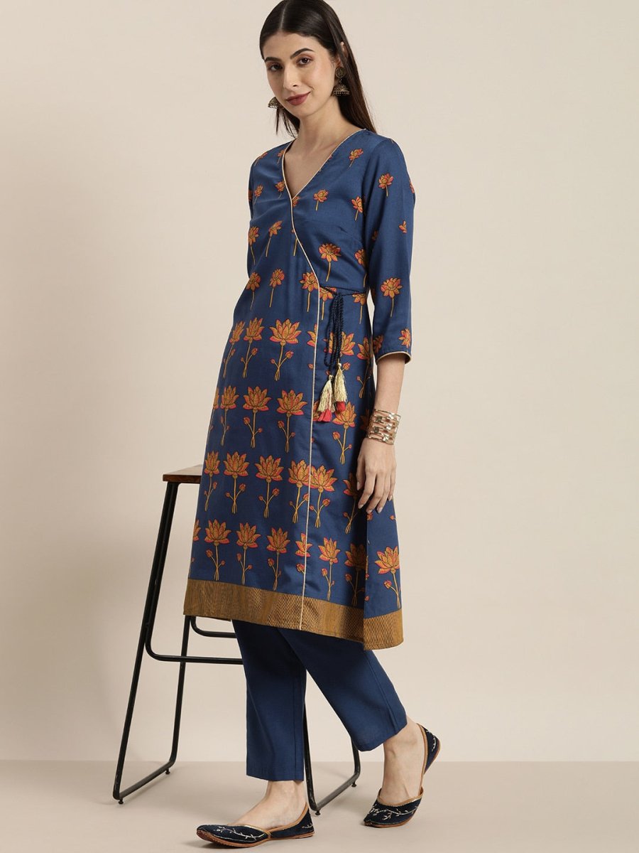 All About You Women Blue Floral Printed Angrakha Kurta with Trousers