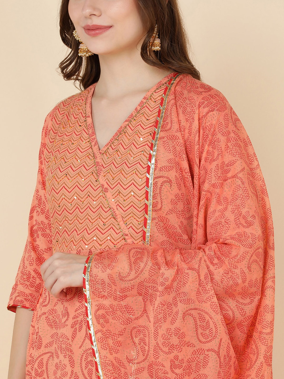 HERE&NOW Women Orange Embroidered Pure Cotton Kurta with Trousers & With Dupatta