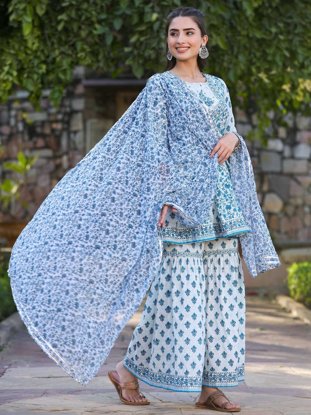 Juniper Women's Blue Cotton Cambric Floral Placement Printed Anarkali Kurta Sharara & Dupatta Set
