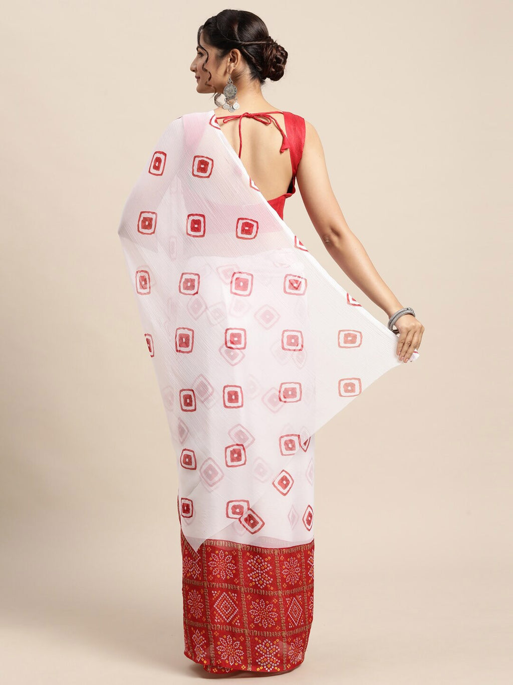 Saree Mall Women White & Red Bandhani Printed Poly Chiffon Sarees