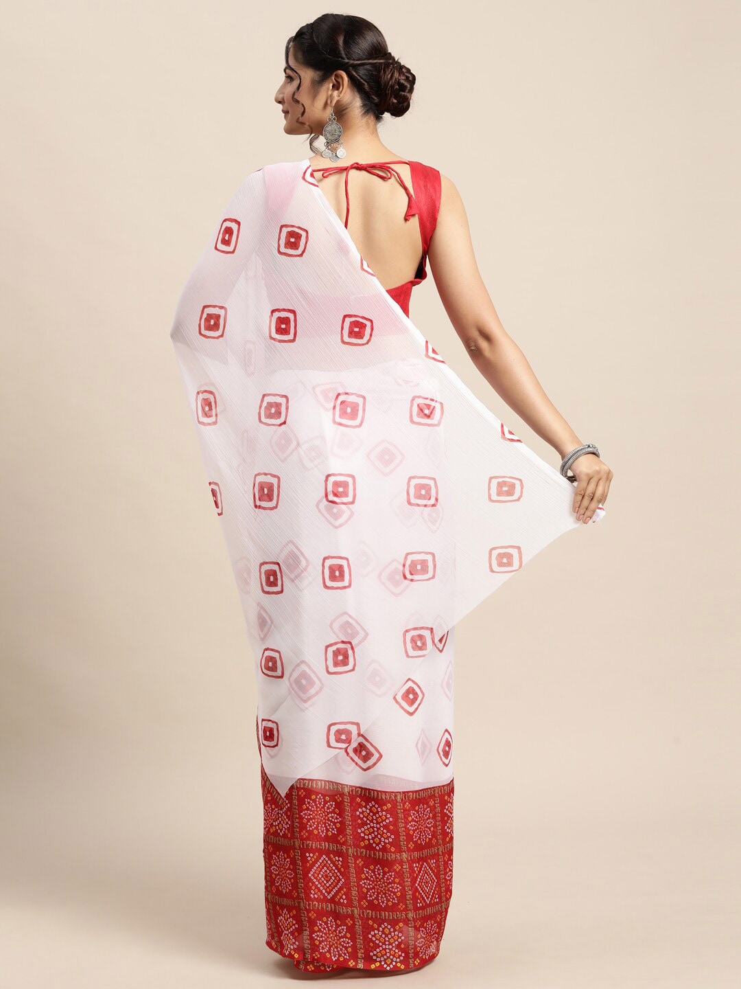 Saree Mall Women White & Red Bandhani Printed Poly Chiffon Sarees