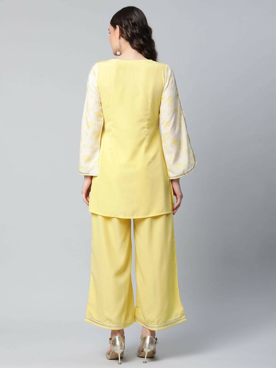 Ahalyaa Womens Yellow Crepe Printed Top Palazzo Set