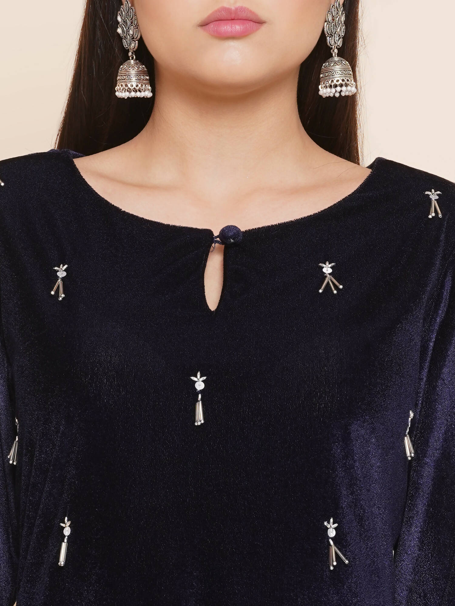 Women Republic Navy Blue Velvet Assymetrical Hand Embellished Kurta With Pants