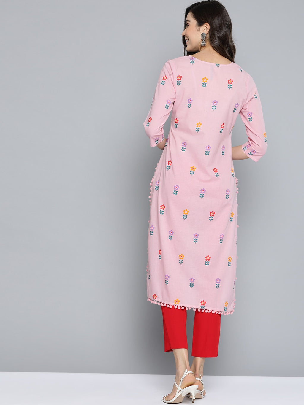 HERE&NOW Women Pink & Purple Floral Print Pure Cotton Straight Kurta