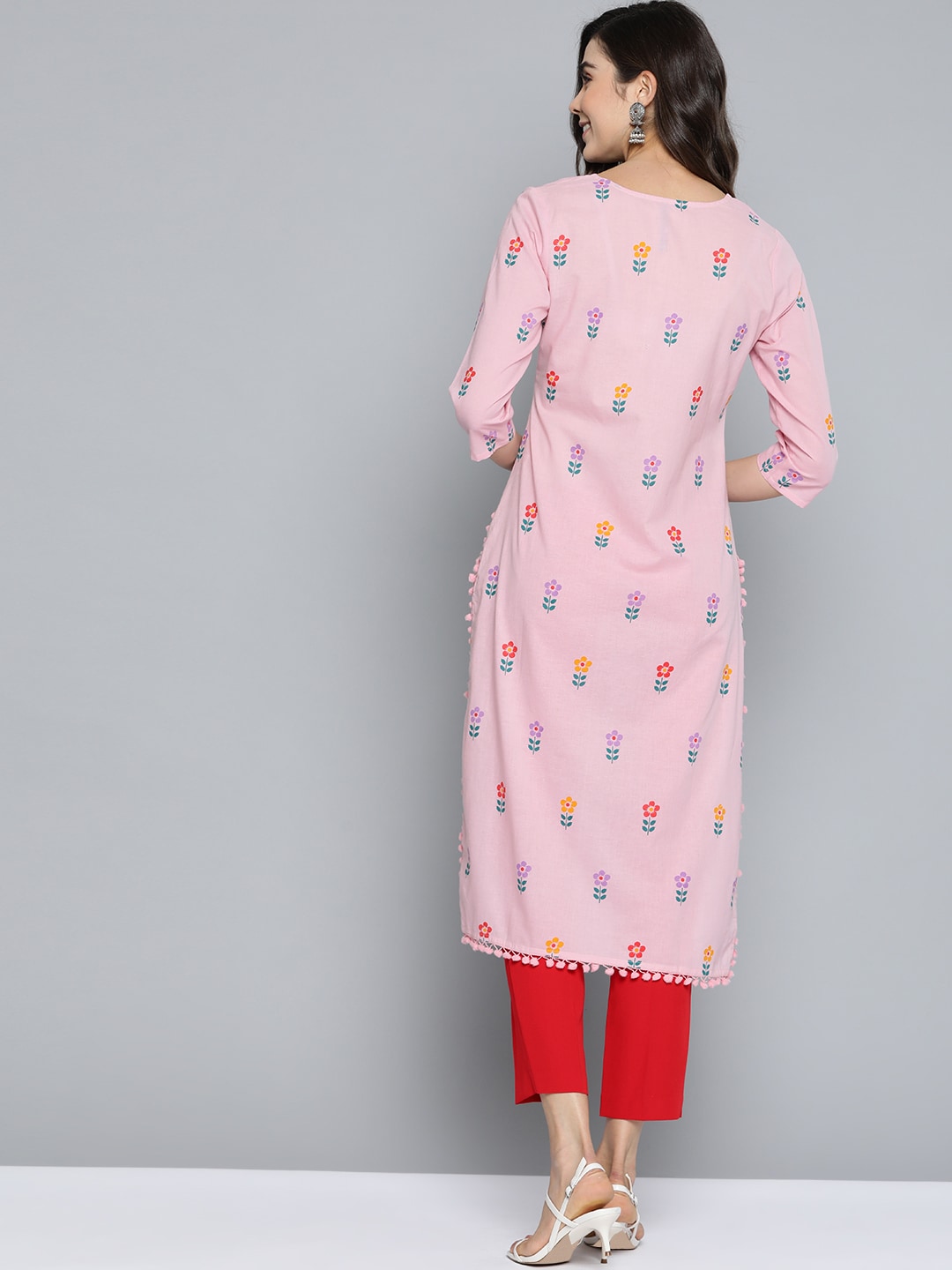 HERE&NOW Women Pink & Purple Floral Print Pure Cotton Straight Kurta