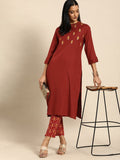 All About You Women Red Floral Embroidered Regular Thread Work Kurta with Trousers