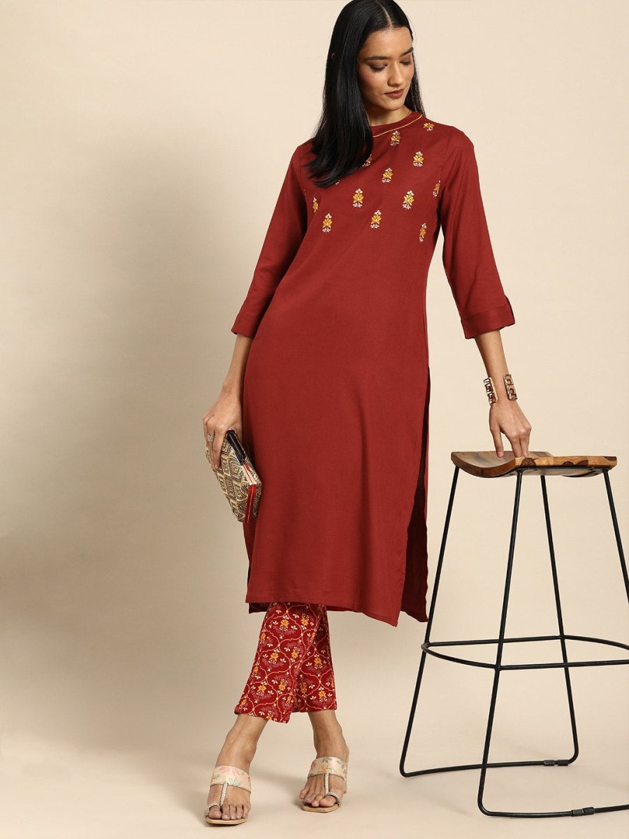 All About You Women Red Floral Embroidered Regular Thread Work Kurta with Trousers