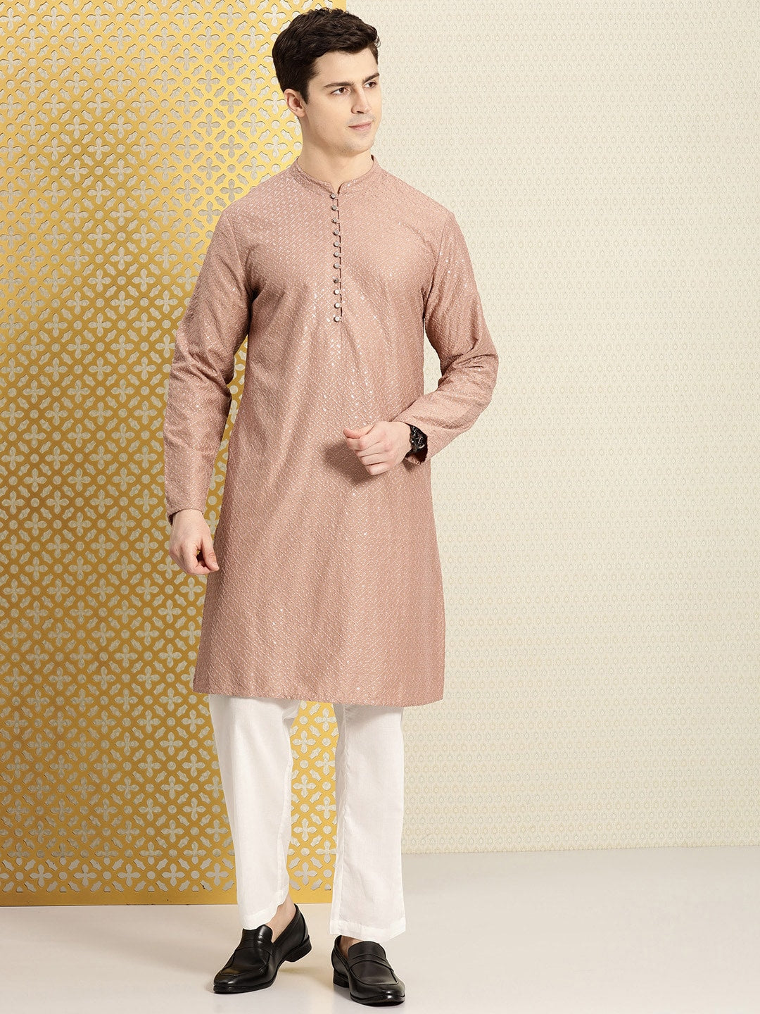 House of Pataudi Men Jashn Ethnic Motifs Embroidered Sequinned Kurta with Pyjamas