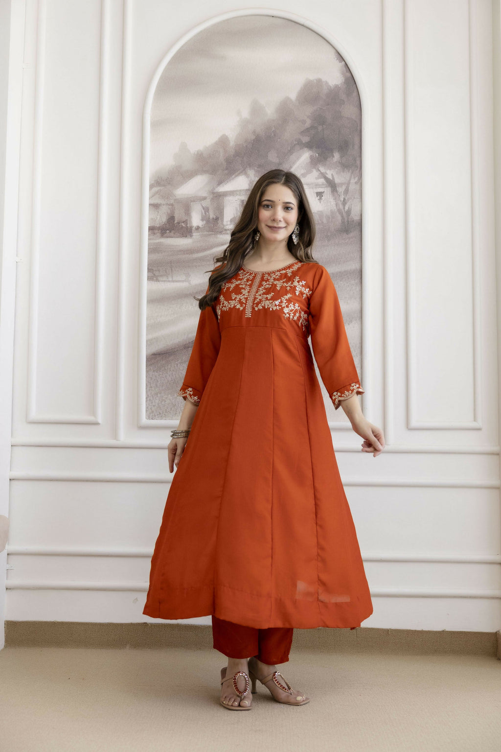 The52 Orange Women's Beautiful Vichitra Silk Fabric Embroidered Work Flared Anarkali Pant and Dupatta Set