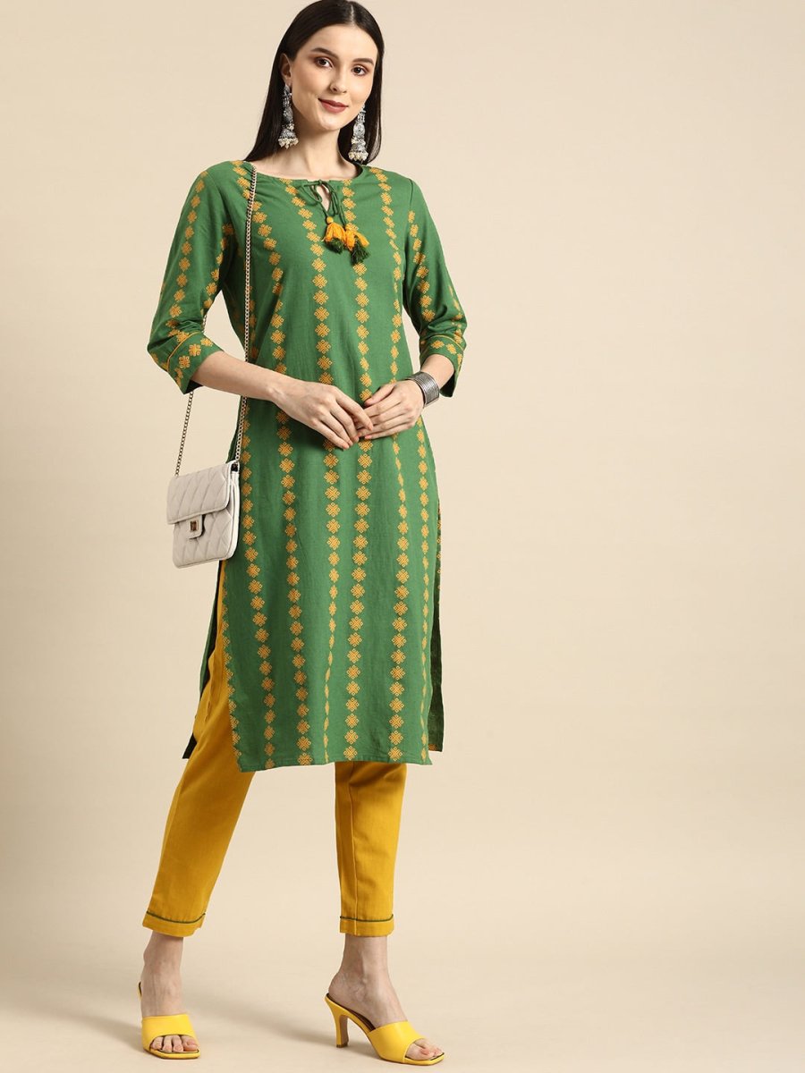 All About You Women Green Ethnic Motifs Printed Kurta with Mustard Yellow Trousers
