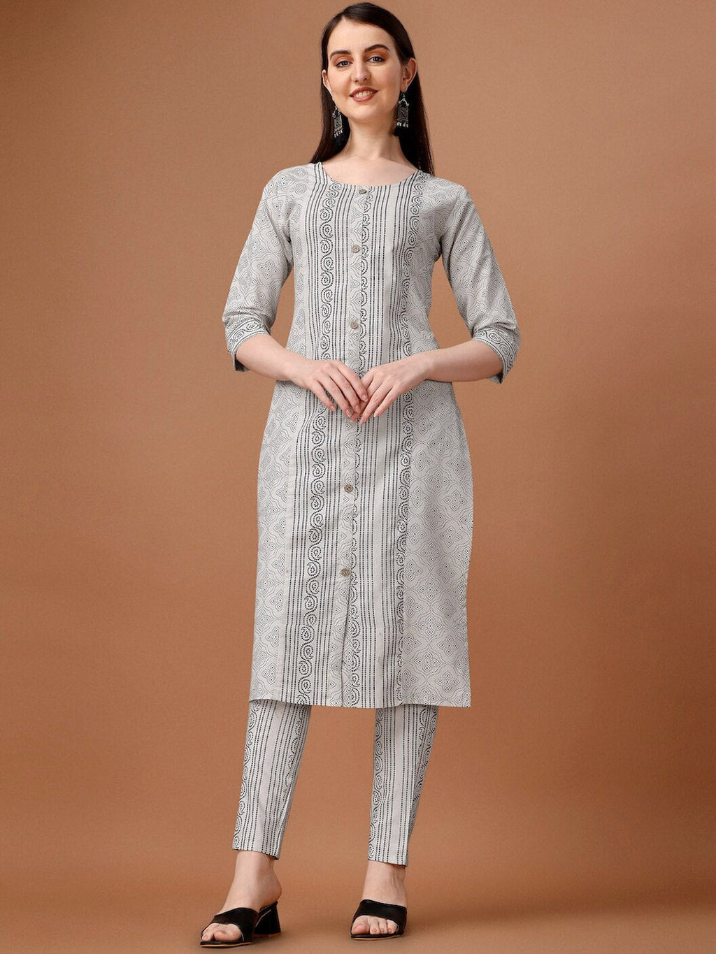 HERE&NOW White & Black Ethnic Motifs Printed Pure Cotton Kurta With Trousers & Dupatta