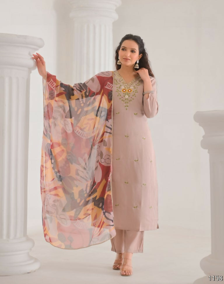 Ethnic Festive Wear Chanderi with Cotton Lining Beige Stitched Suit With Dupatta - Tanisha