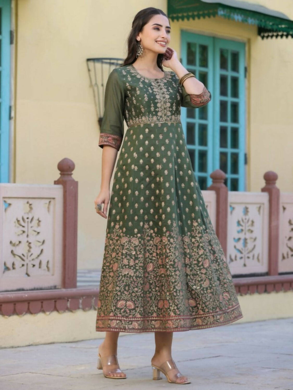 Juniper Women Olive Chanderi Printed Maxi Dress with Embroidered Yoke