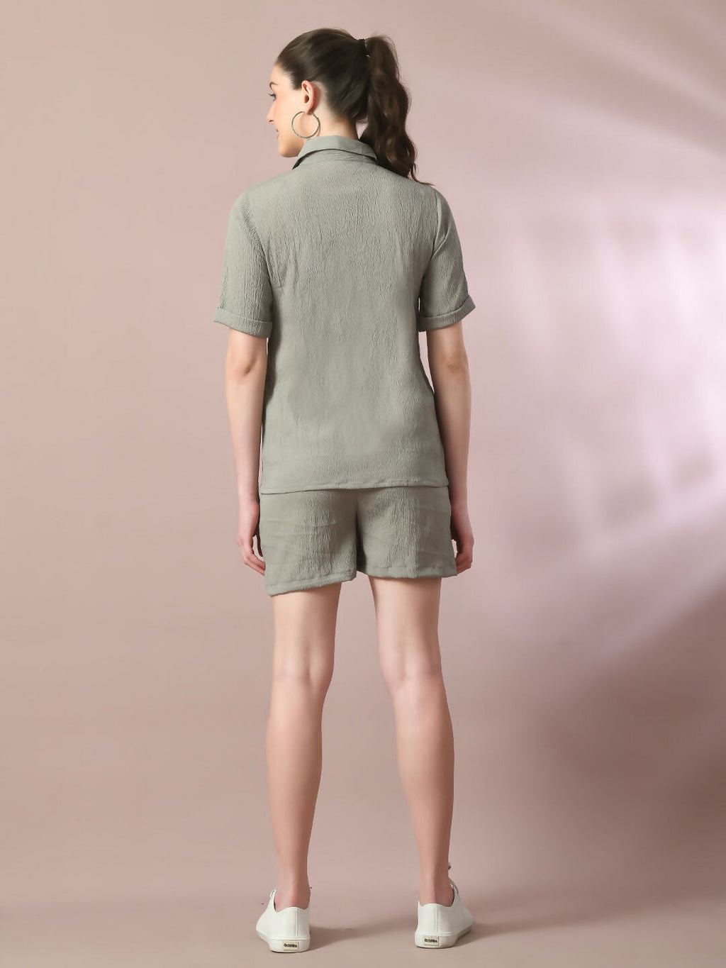 Myshka Women's Grey Solid Shirt Collar Party Shirt With Shorts Co-ord set
