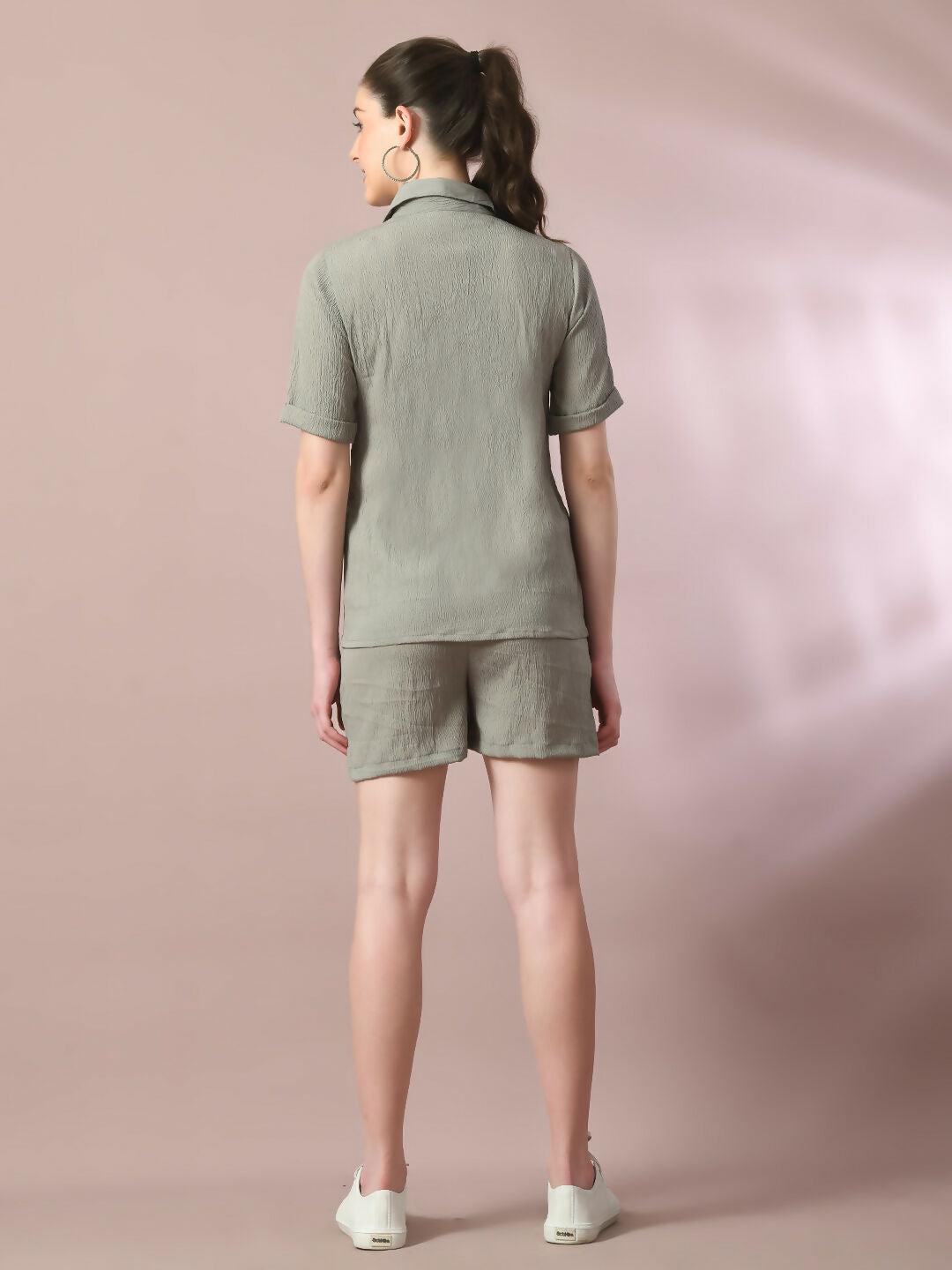Myshka Women's Grey Solid Shirt Collar Party Shirt With Shorts Co-ord set