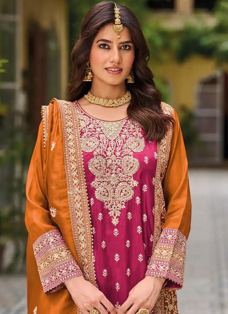 Vegaa Fashion Pink Chinon Silk Embroidered Designer Palazzo Suit