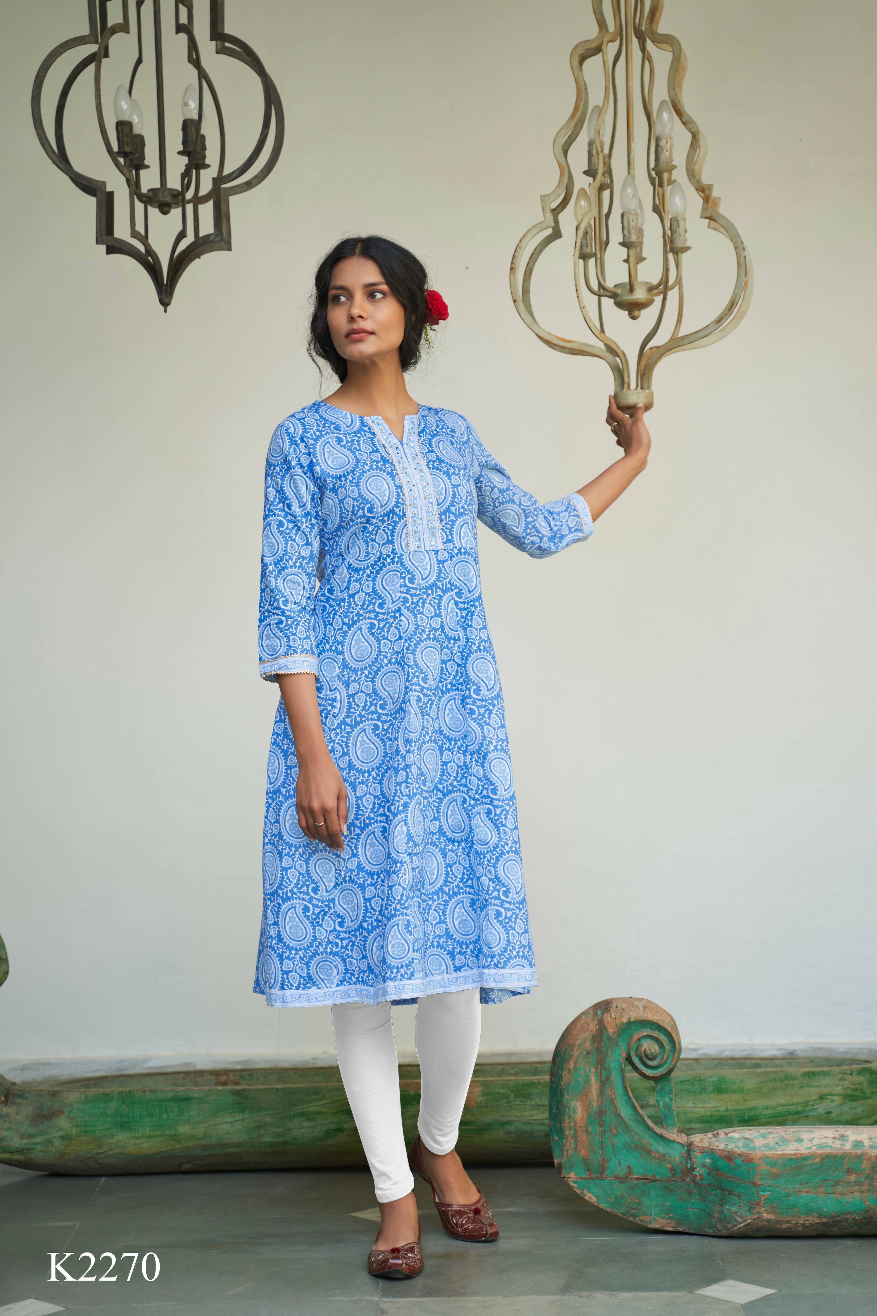 Blue Cotton Paisley Printed A line Kurta - Prasuti