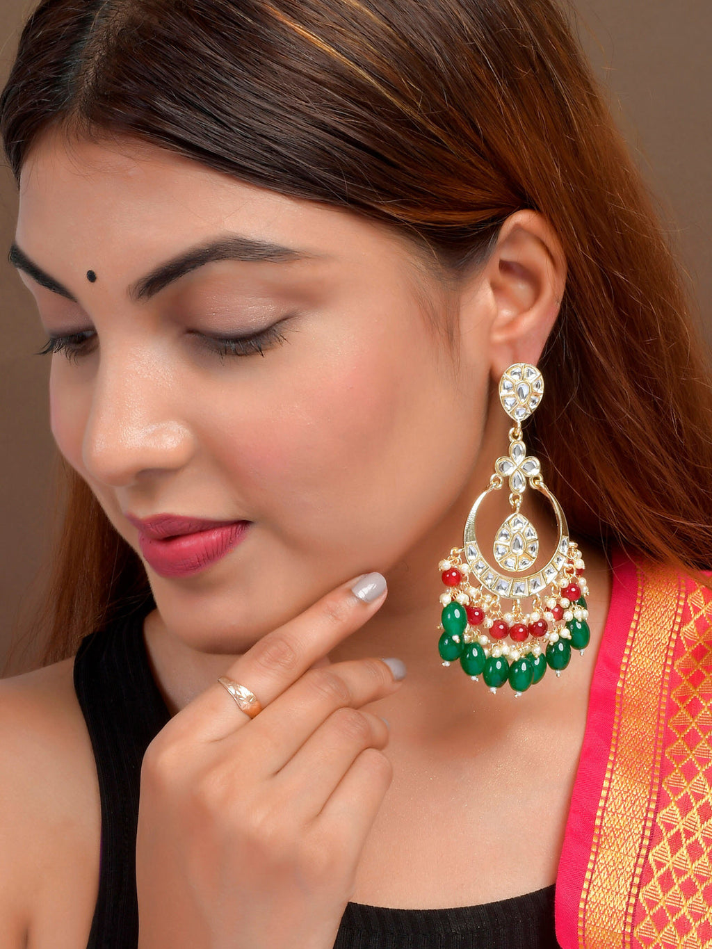 Shoshaa Green Contemporary Kundan Chandbalis Earrings