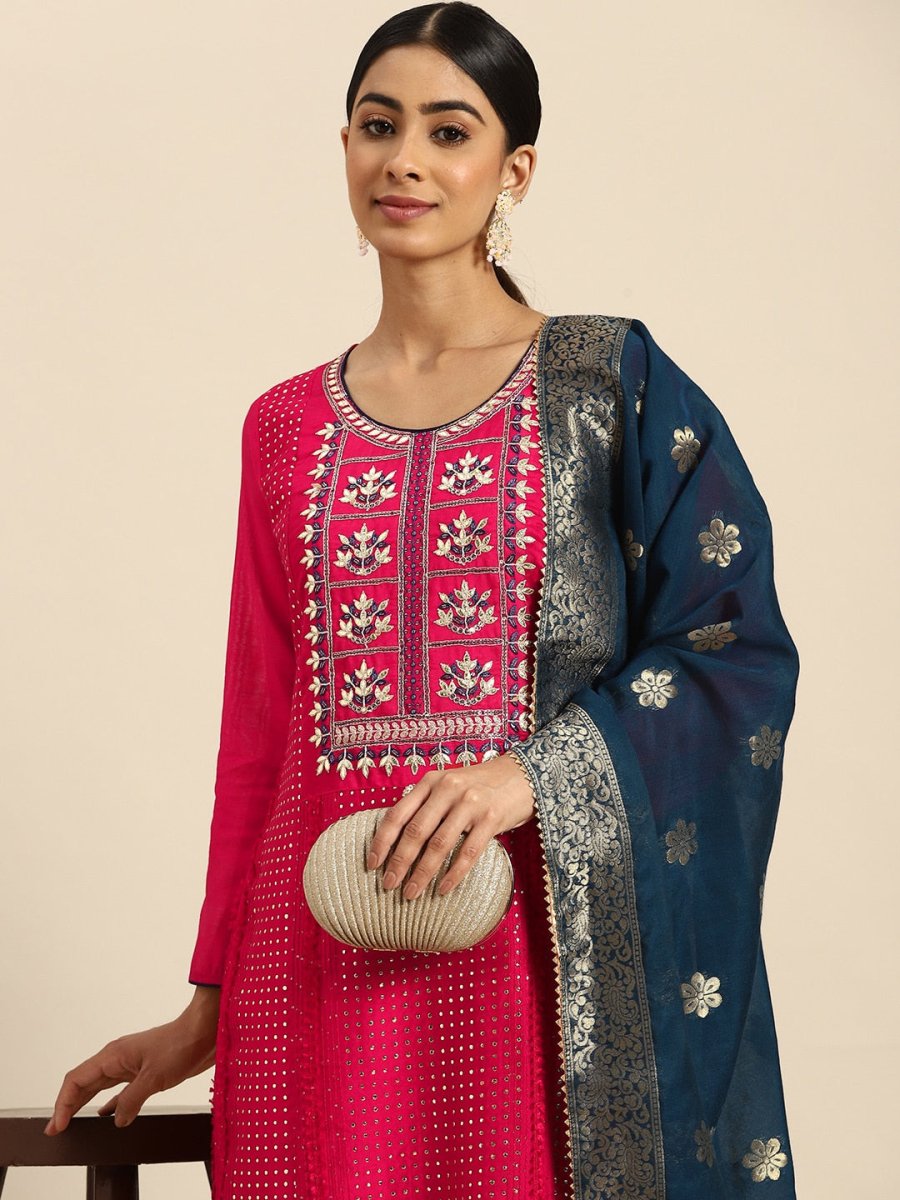 All About You Ethnic Motifs Embroidered Chanderi Silk Kurta with Trousers & With Dupatta