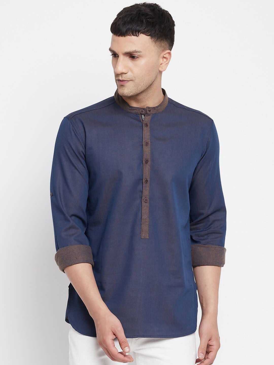 Even Apparels Pure Cotton Blue Men's Kurta With Band Collar