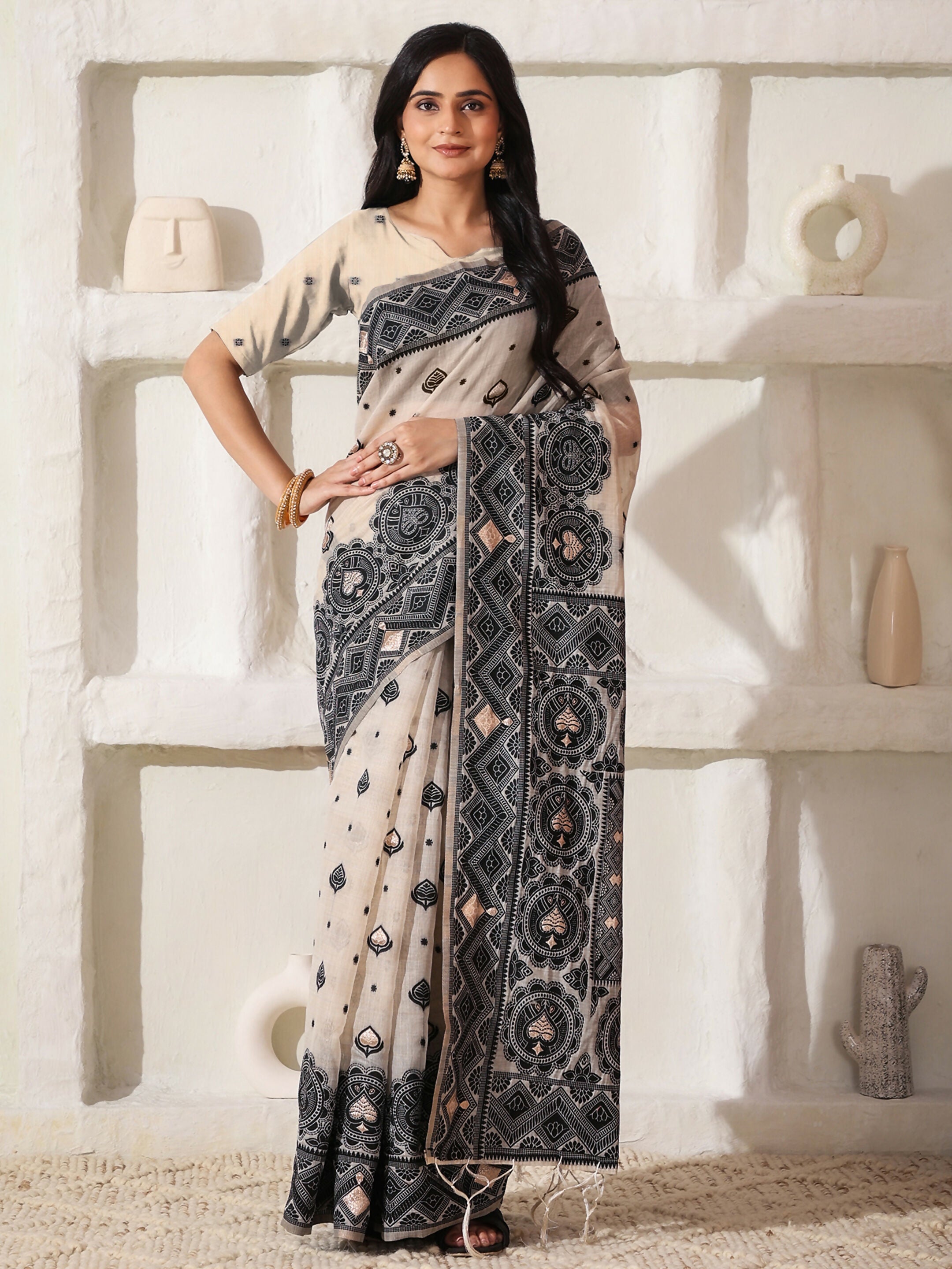 Shree Shyam Fashion Linen Cotton Black & Cream Saree