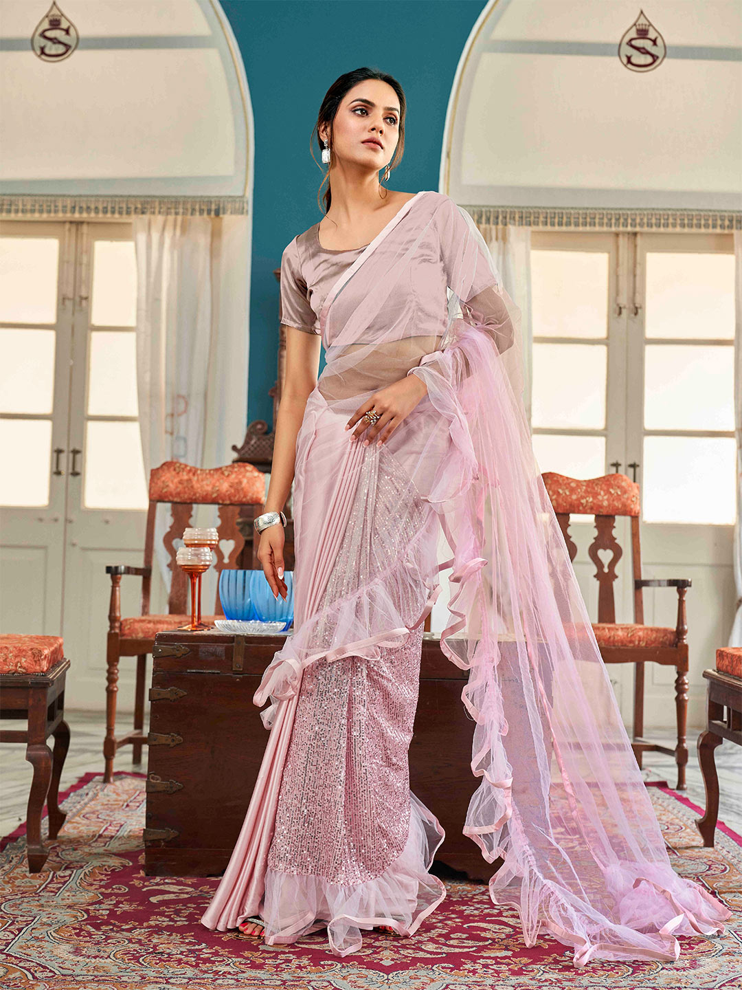 Tikhi Imli Floral Sequinned Satin Half and Half Saree