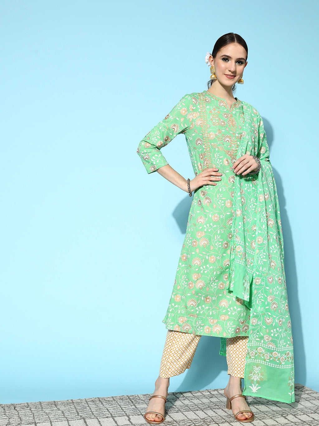 HERE&NOW Women Ethnic Motifs Printed Thread Work Kurta with Trousers & Dupatta