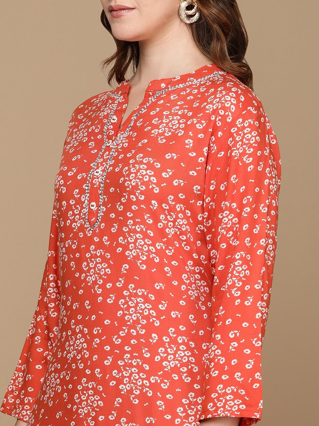 HERE&NOW Rust Orange & White Floral Printed Straight Kurta