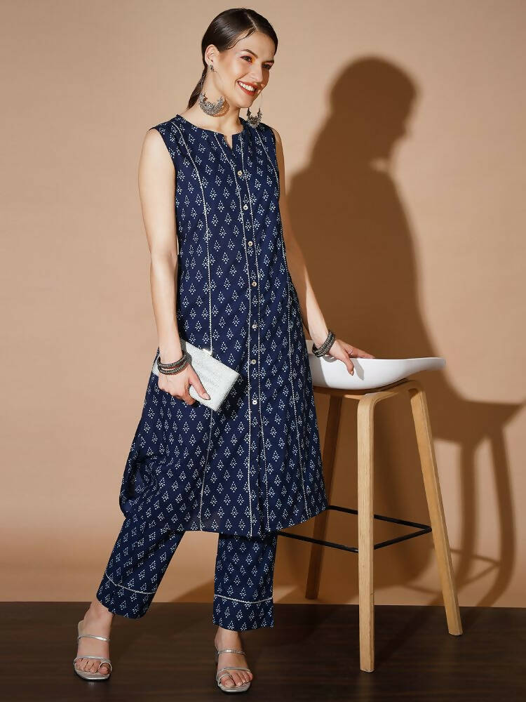 Myshka Women Blue Printed Kurta & Trousers