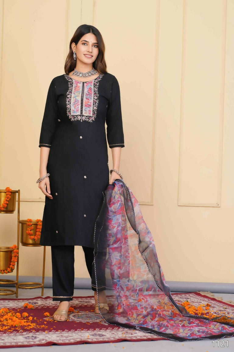 Black Rayon Slub Embroidered Stitched Suit With Dupatta - Tanisha