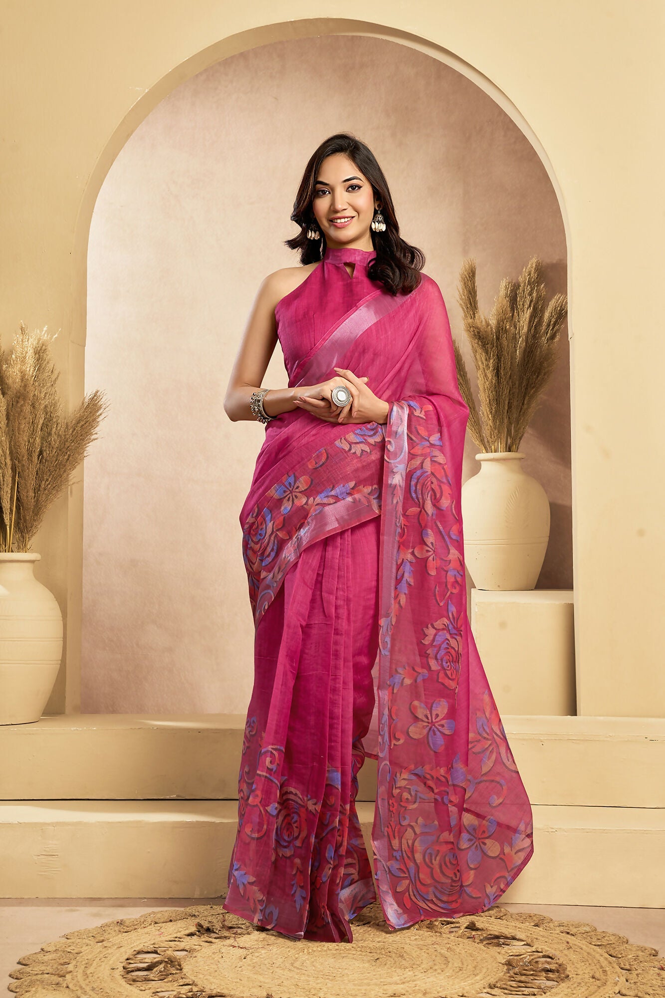 Vastranavya Pink Digital Printed Linen Ready To Wear Designer Saree with Unstitched Blouse