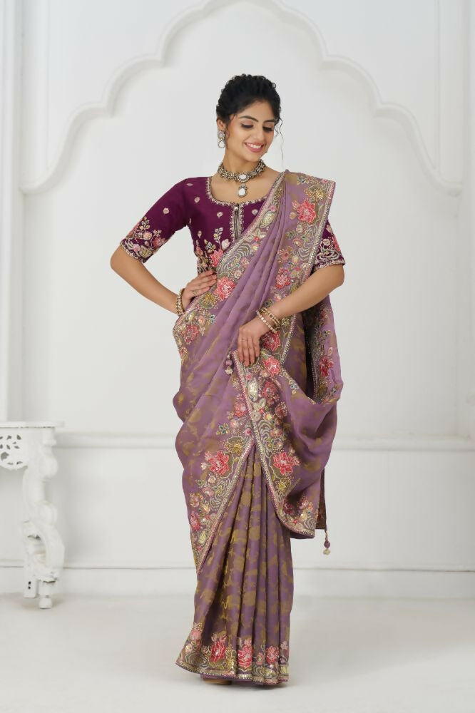 Kesar Fab Bloom In Style: Mauve With Vibrant Thread Work & Floral Motifs Saree