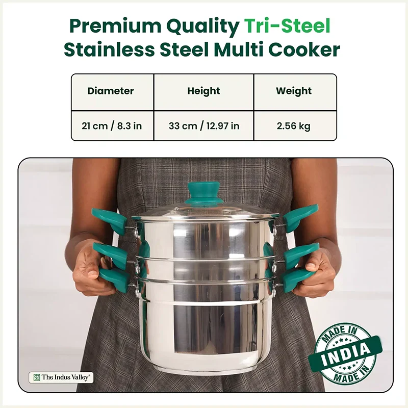 The Indus Valley Tri-steel Multi Cooker Pot Premium Stainless Steel Momo Maker/ Idiyappam/ Biryani/  Veg Steaming Set, 3 Pots, 21cm