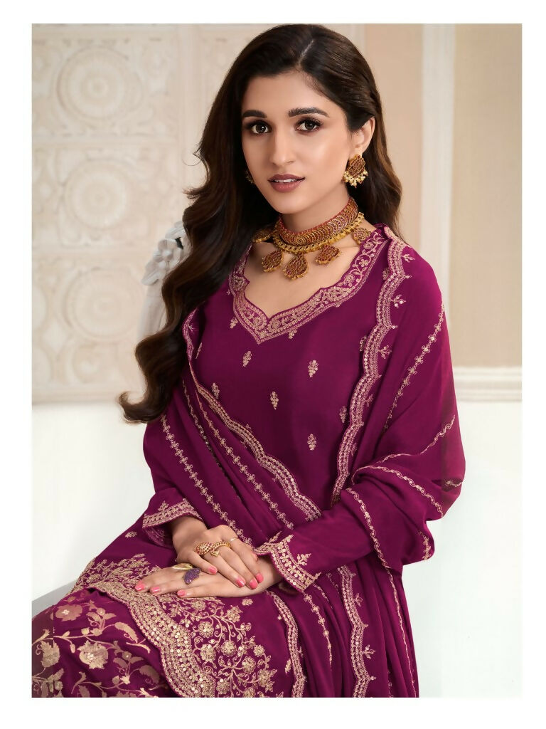 Vastranavya Exquisite Wine Heavy Chinon with Embroidered & Sequins Work Salwar Suits