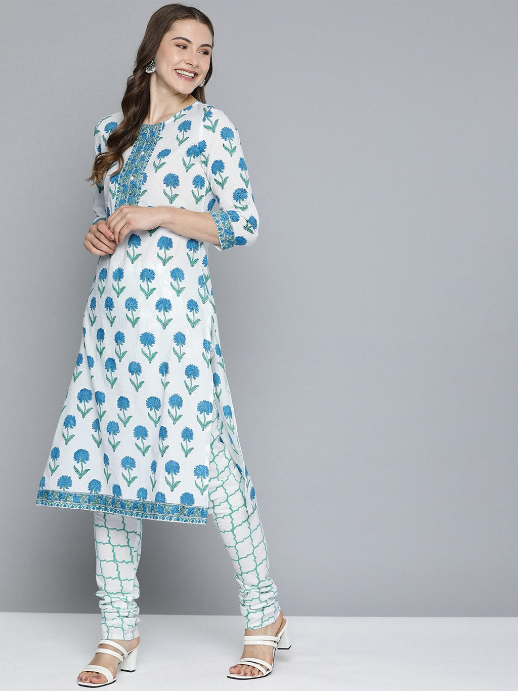 HERE&NOW Floral Printed Regular Pure Cotton Kurta with Churidar & With Dupatta