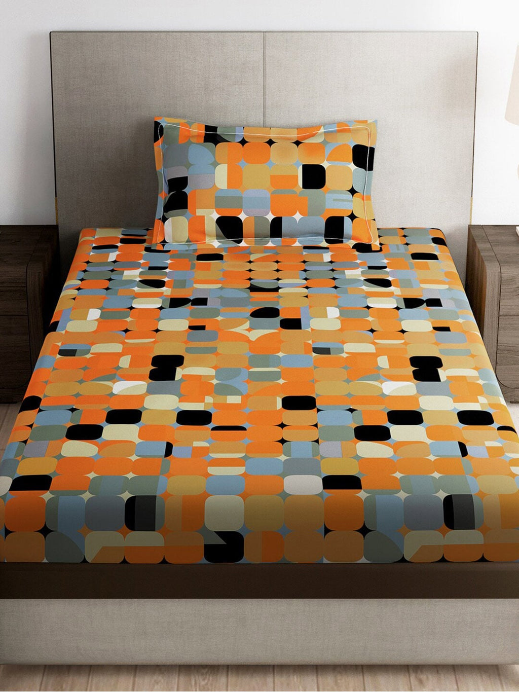 Story@home Orange & White Geometric Microfiber 180 TC Bedsheet With Pillow Cover