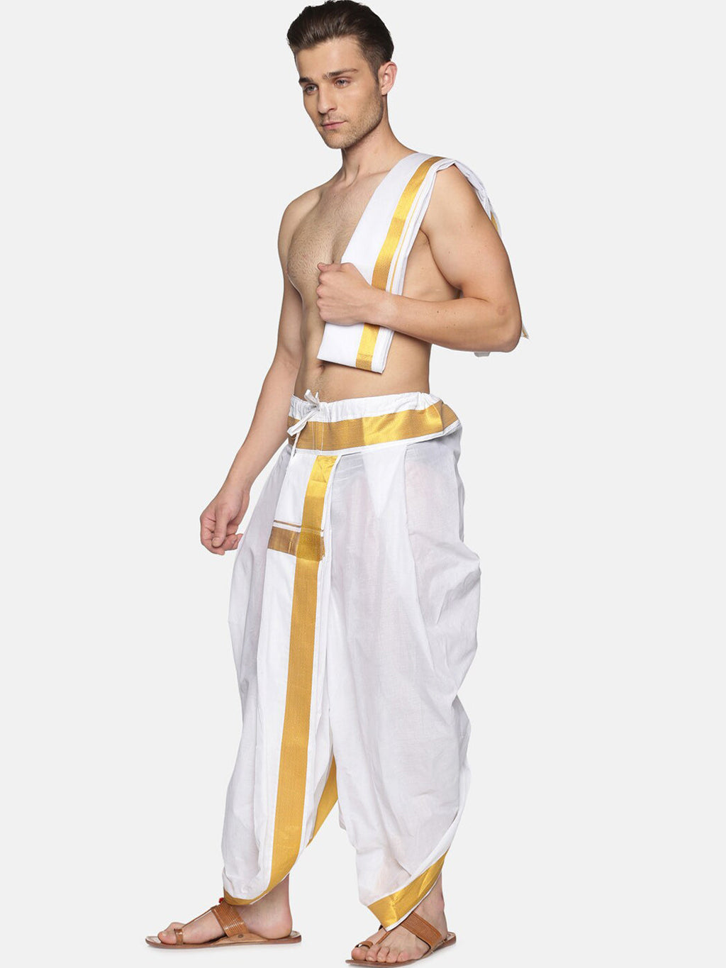 Sethukrishna Men White & Gold-Toned Solid Ready Made Dhoti Pants