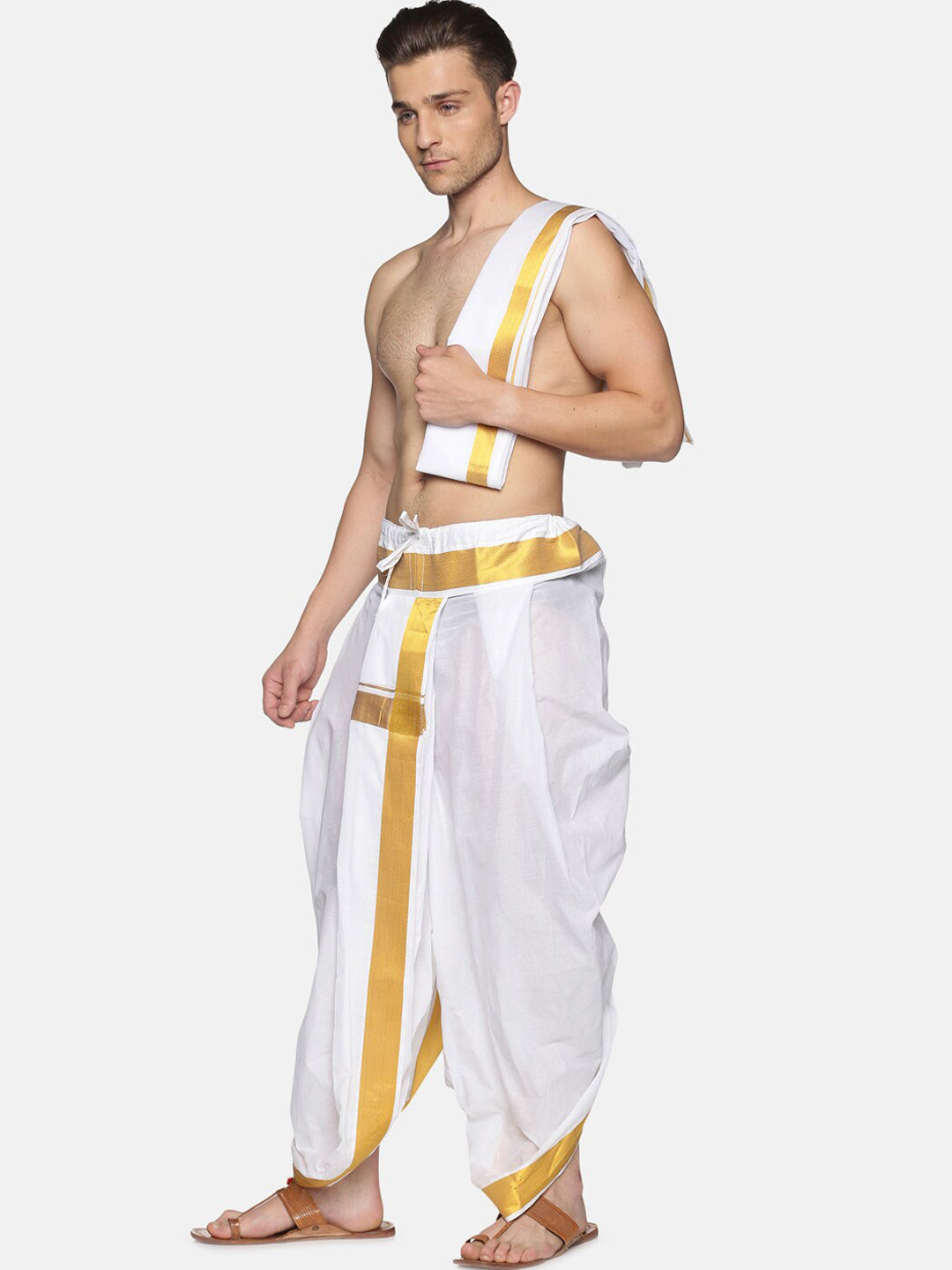 Sethukrishna Men White & Gold-Toned Solid Ready Made Dhoti Pants