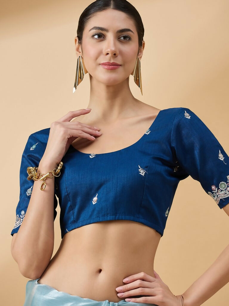 Blue Organza Sequence Embroidered Saree with Unstitched Blouse - Satya