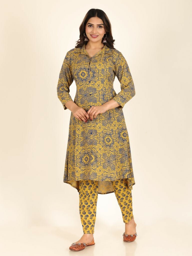 Aramya High Low Rayon Geometric Print Women's Kurta - Yellow