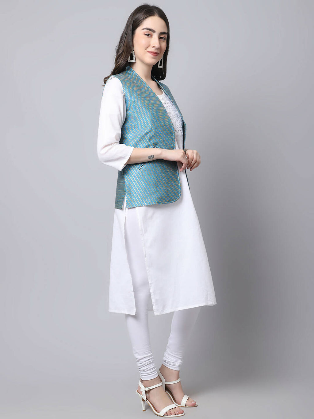Even Apparels Blue Bansari Silk Open Front Gillet