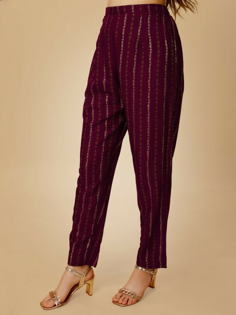 Jyoti Fashion Women's Wine Viscose Rayon Embroidered Kurta Pant Set