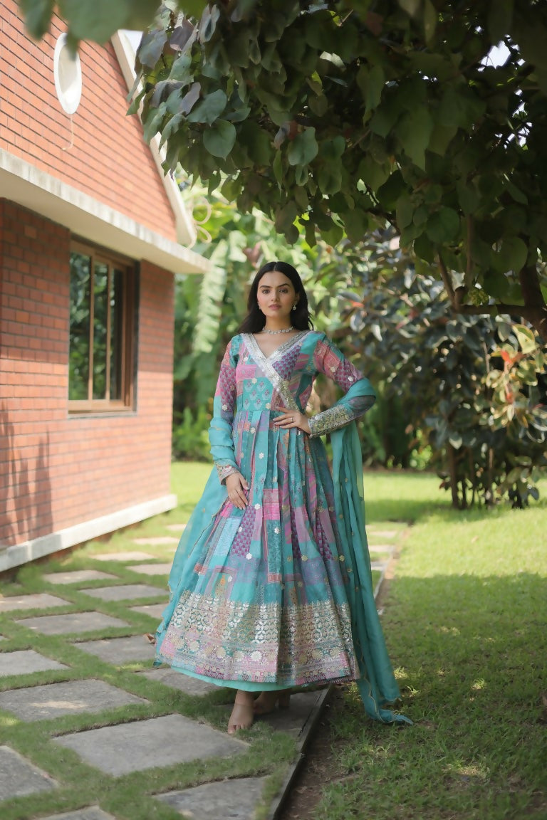 Jyoti Fashion Women's Sky Blue Russian Silk Digital Print with Embroidered Anarkali Dress with Dupatta