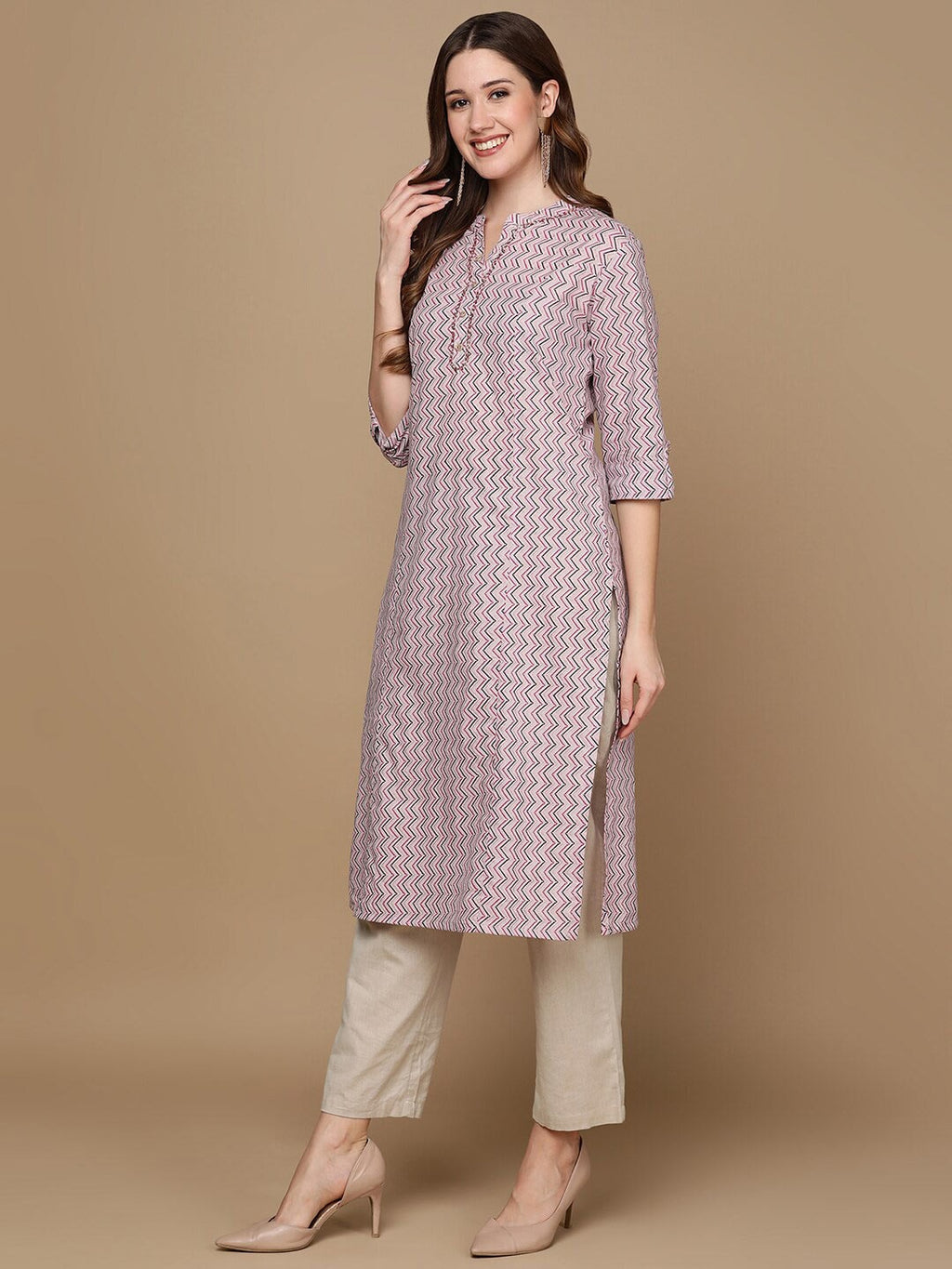 HERE&NOW Pink & Brown Chevron Printed Sequined Pure Cotton Kurta