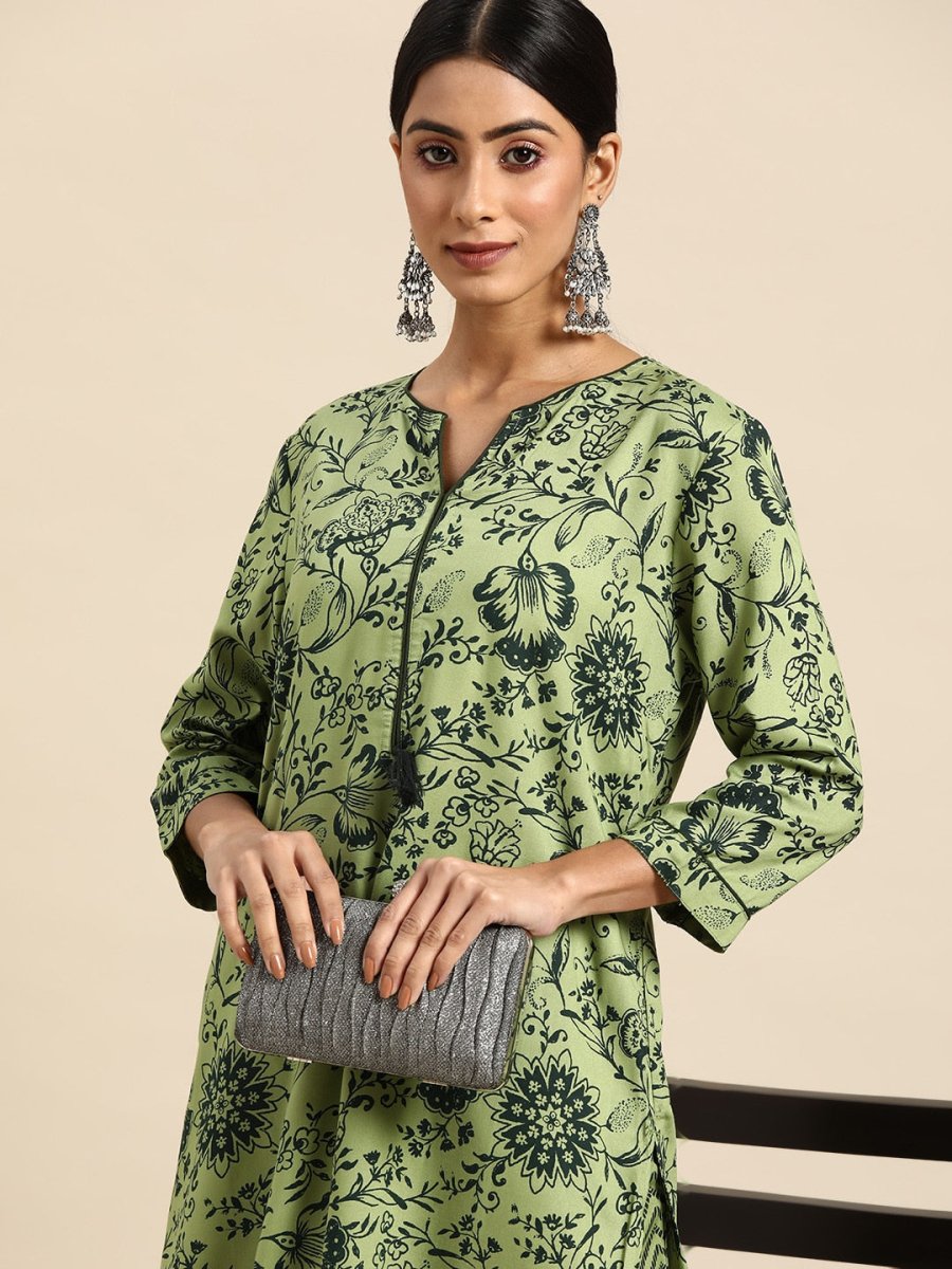 All About You Women Green Ethnic Motifs Printed Kurta with Trousers