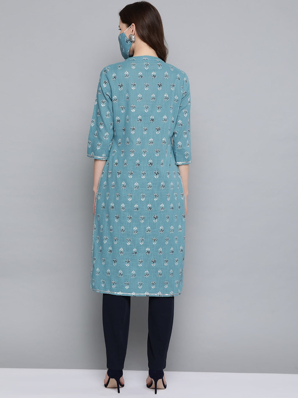 HERE&NOW Women Blue White Printed Straight Kurta
