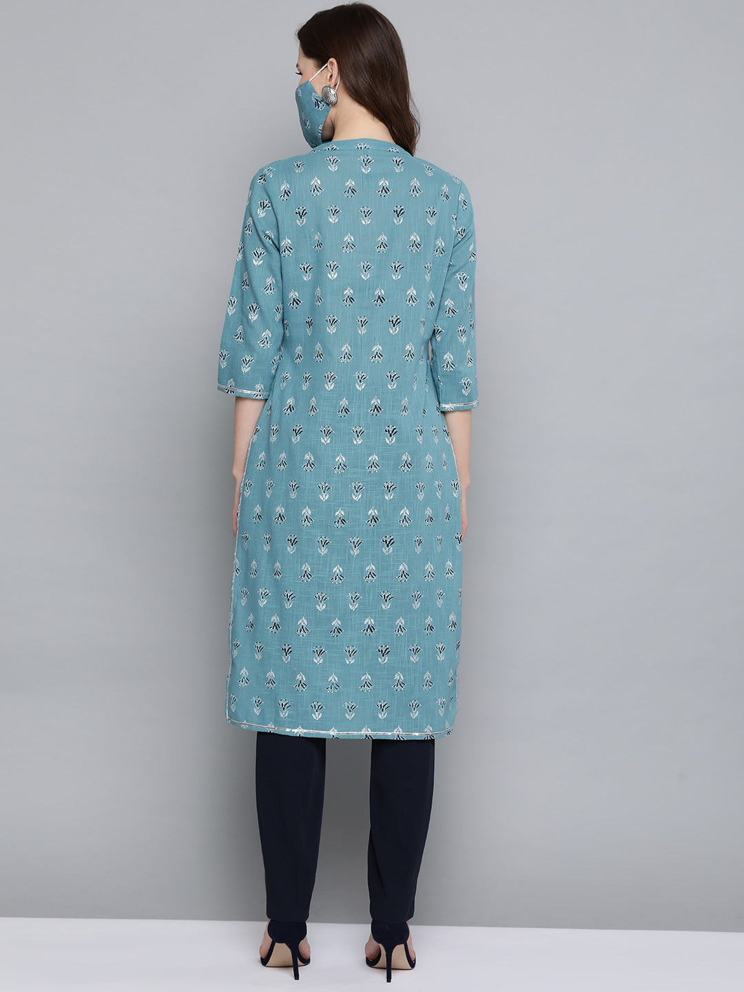 HERE&NOW Women Blue White Printed Straight Kurta