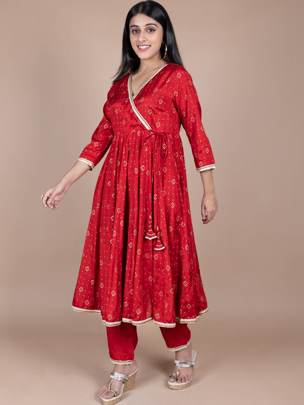HERE&NOW Red & Beige Ethnic Motifs Printed Angrakha Gotta Patti Kurta with Trousers
